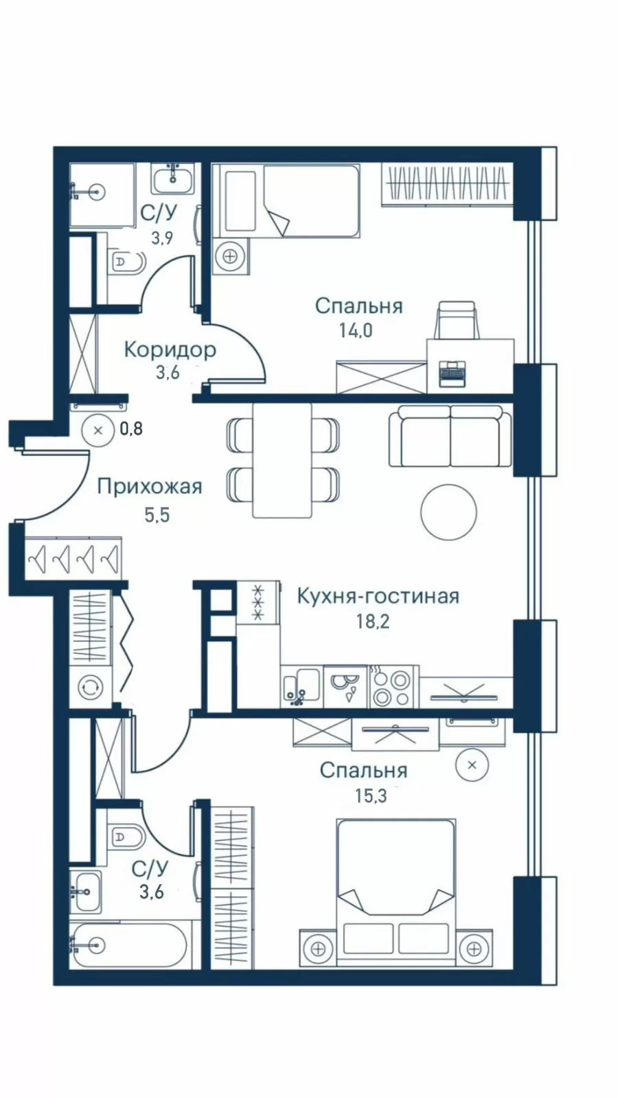 Квартира 101002 площадью 64.9 кв.м, этаж 10, кол-во комнат 2, цена 23500000  - купить от застройщика | Est-a-Tet