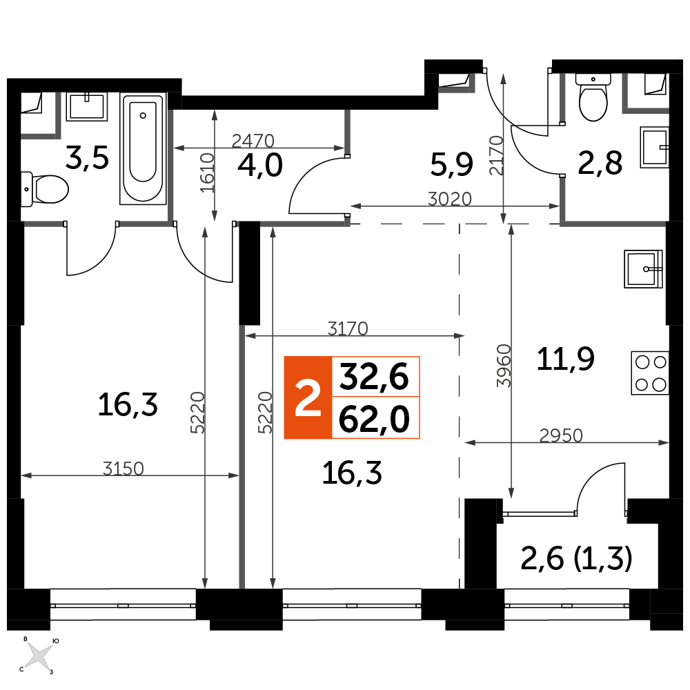 Продажа 2-комнатной квартиры № 8, 63.2 кв.м, этаж 25/43 в ЖК 