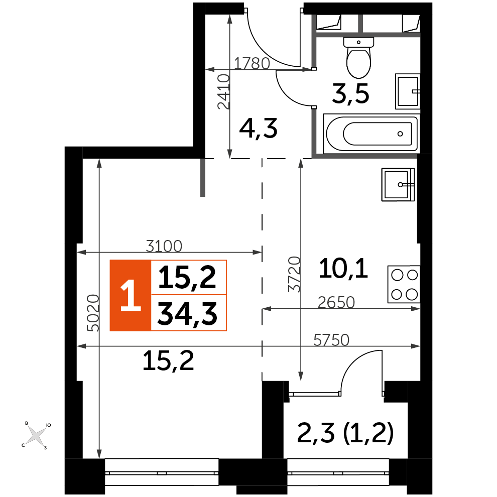 Продажа 1-комнатной квартиры № 11, 37.3 кв.м, этаж 39/43 в ЖК 