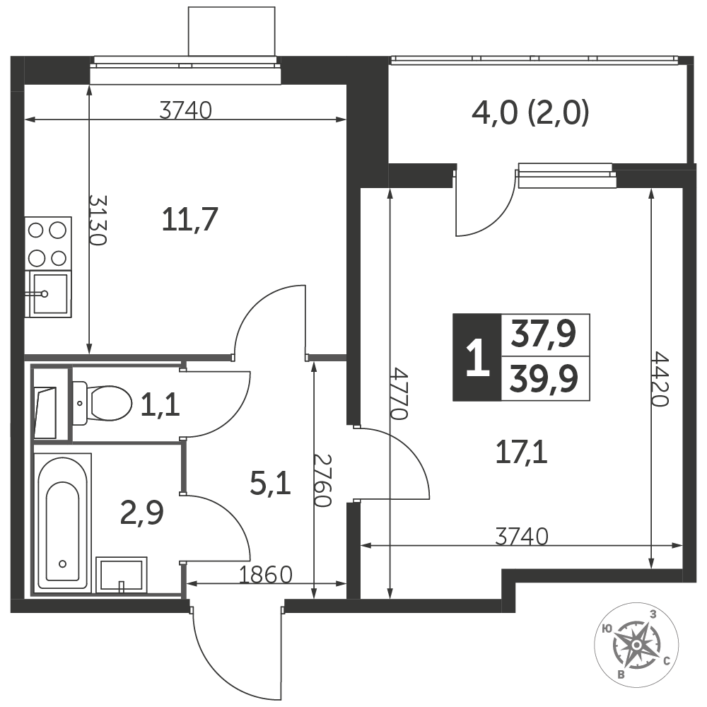 Продажа 1-комнатной квартиры № 7, 40.1 кв.м, этаж 25/25 в ЖК 