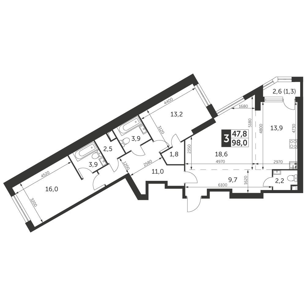 Продажа 3-комнатной квартиры № 2, 98 кв.м, этаж 20/47 в ЖК 