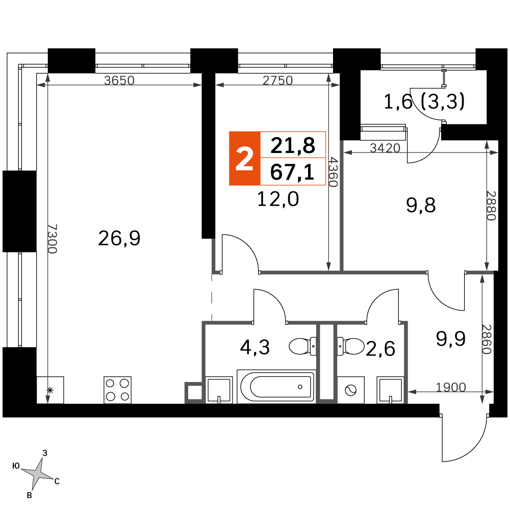 Продажа 2-комнатной квартиры № 1, 58 кв.м, этаж 28/30 в ЖК 